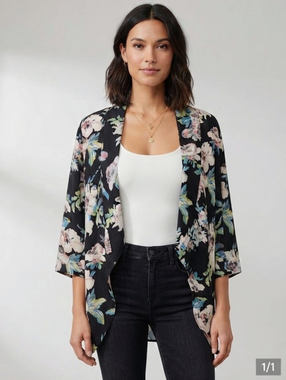 Black Floral Open Front Kimono Large L EUC